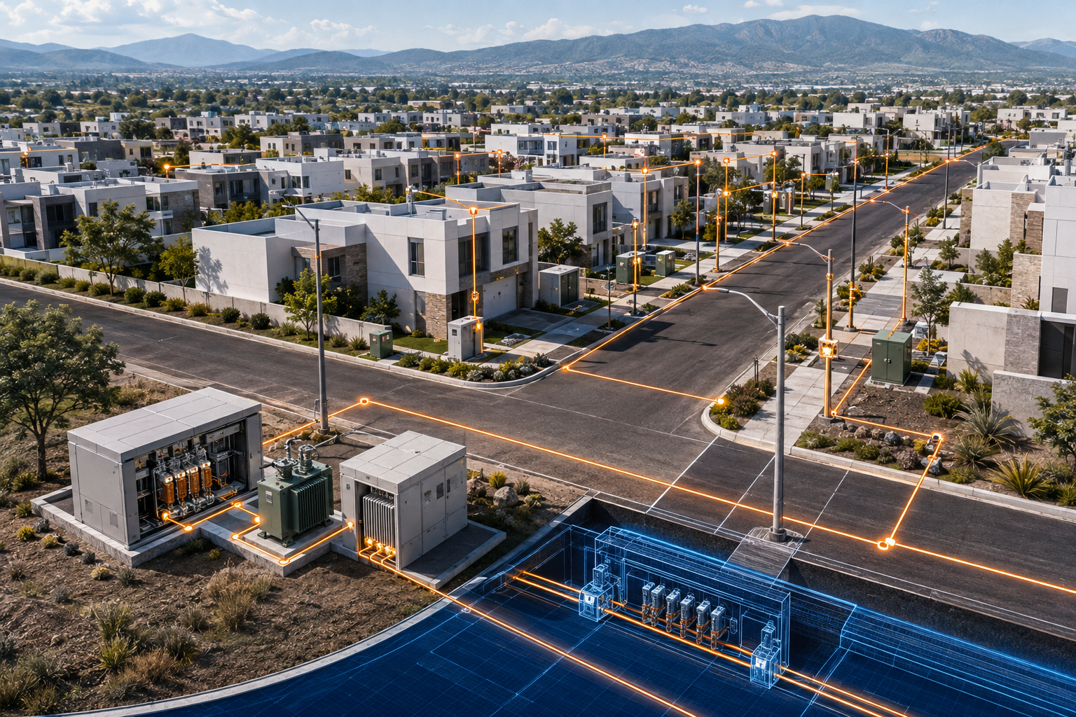 Urbanización residencial con la red de distribución eléctrica trazada sobre las calles
